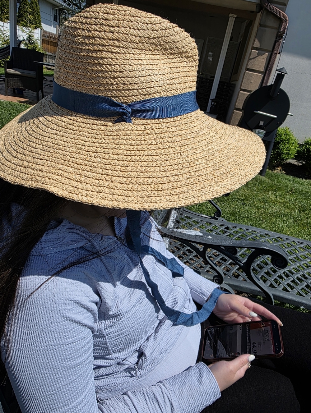 Straw Sun Hat with Blue Ribbon - Women Accessories - Picture 2 of 3